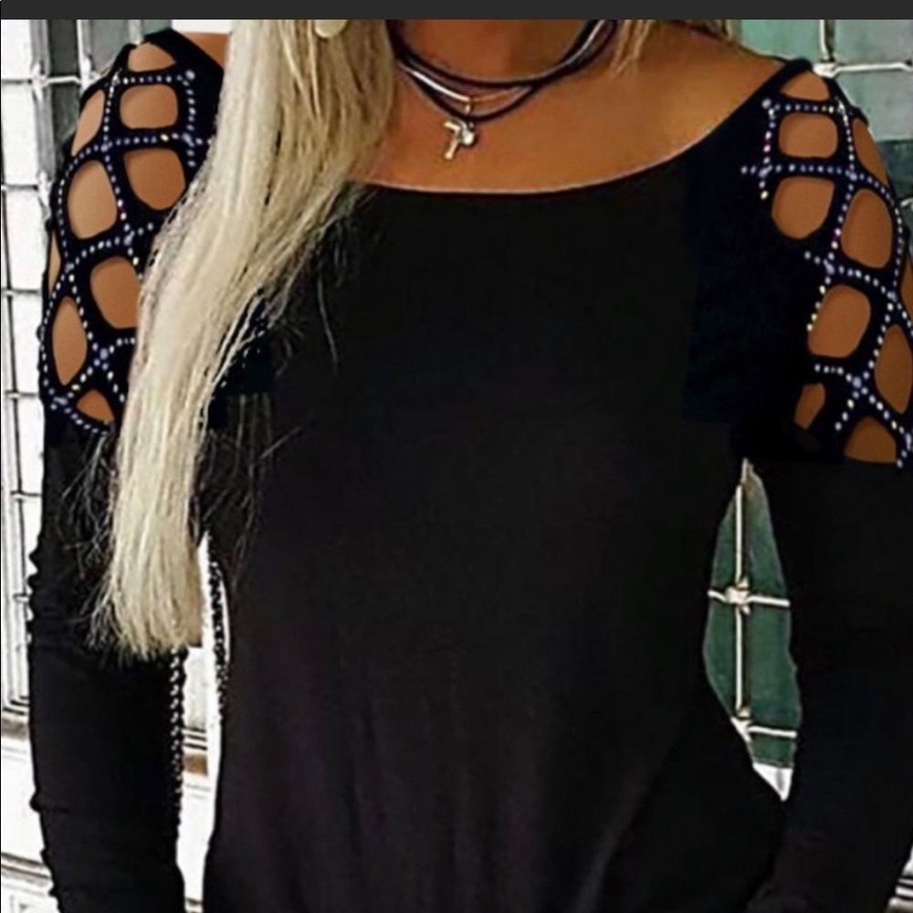 CBR Black Knit Top w/Rhinestone Shoulder Detail